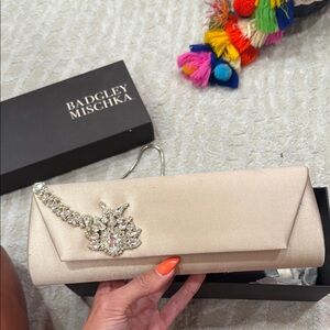 Badgley Mischka Cream Clutch with Silver Jeweled Embellishment